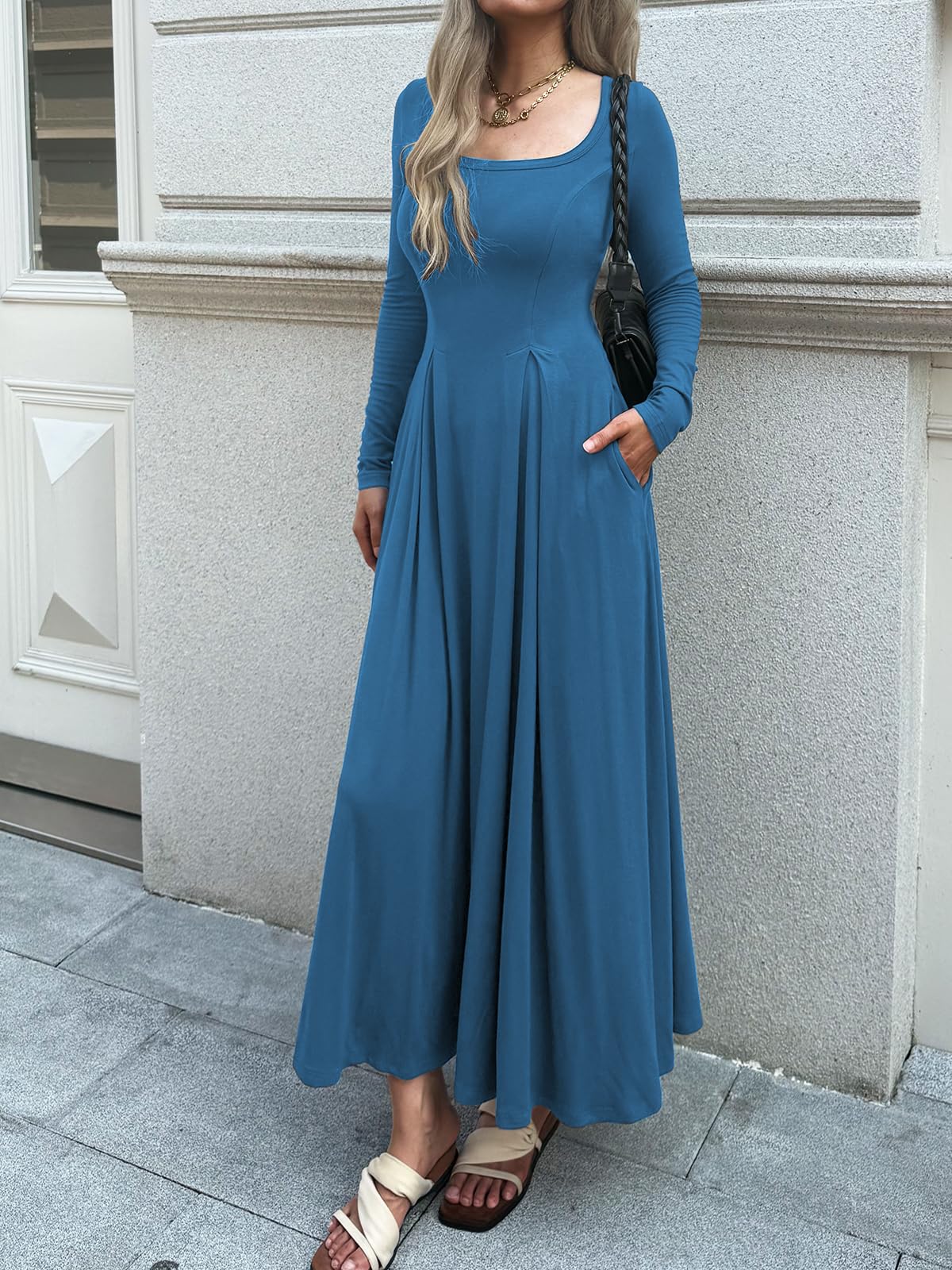 Mieazom Women Long Sleeve Square Neck Maxi Dress A-Line Pleated Flowy Elegant Party Cocktail Winter Fall Dresses with Pockets Blue XL