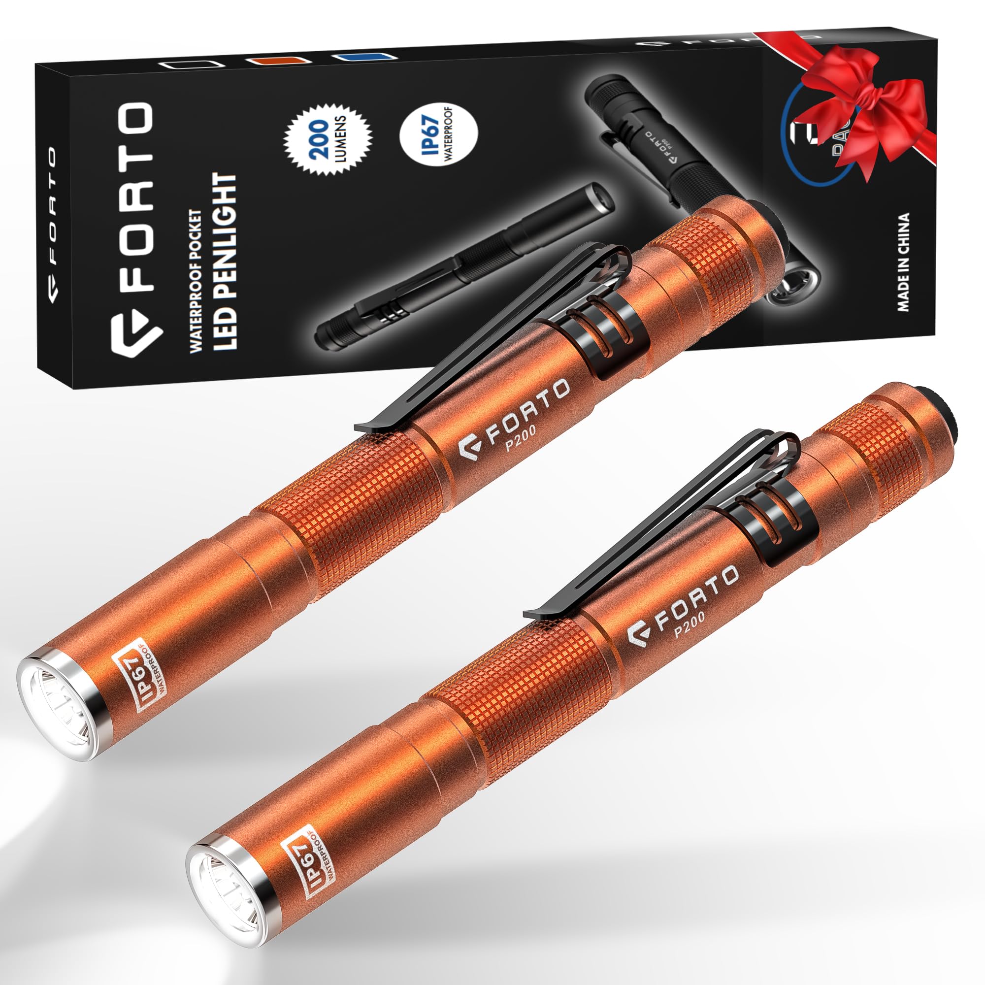 Photo 1 of FORTO LED Pen Light, 200 Lumens Pocket Flashlight, IP67 Waterproof, 2 Modes, 2 Pack with AAA Batteries, Lightweight & Durable for Inspection, Medical Use, Emergency(Orange)