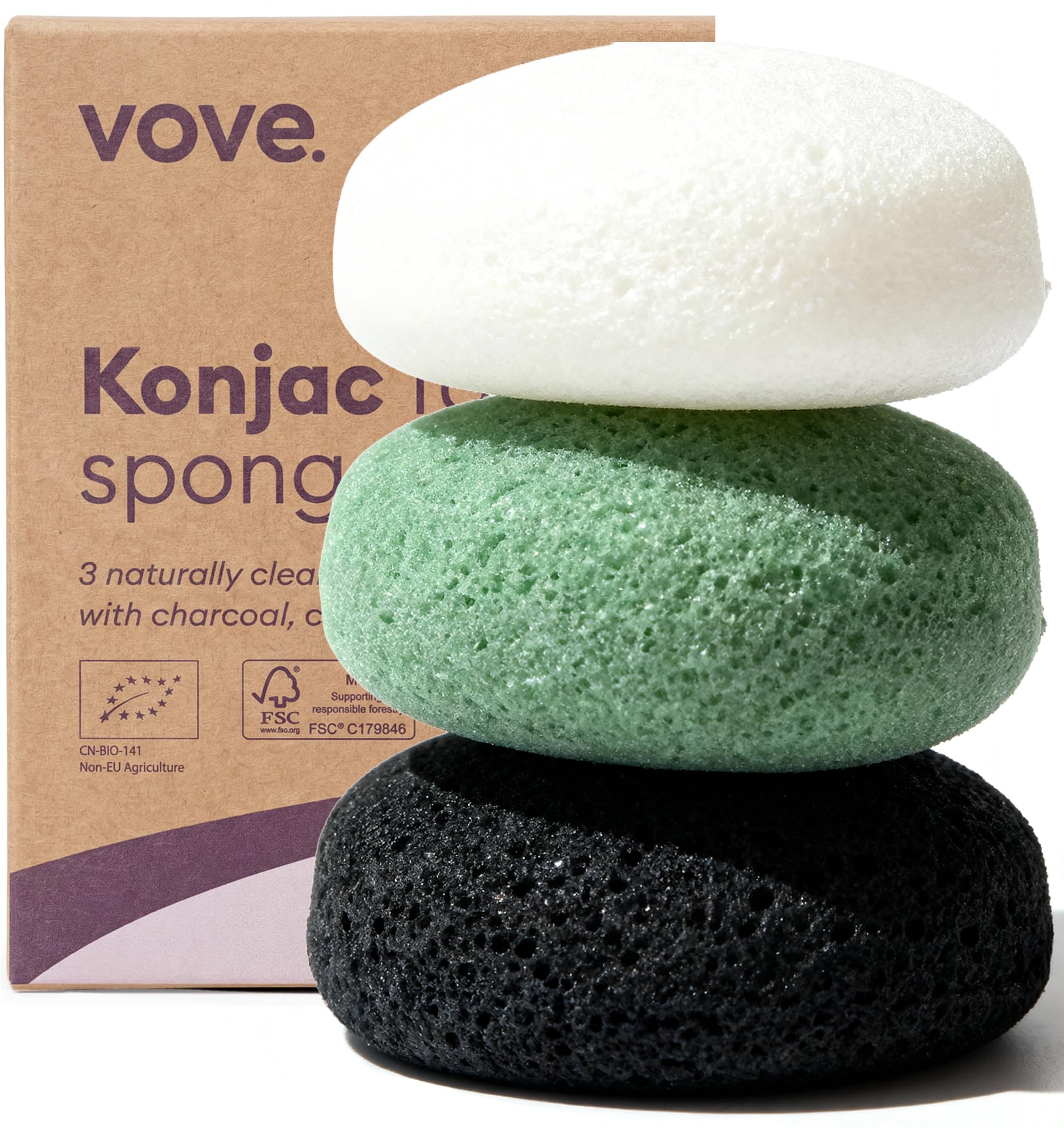 Vove Organic Konjac Facial Sponges, Pack of 3 - Exfoliating Face Sponges with Bamboo Charcoal & Green Clay, Gentle for All Skin Types, Natural Vegan Skincare, Certified Organic