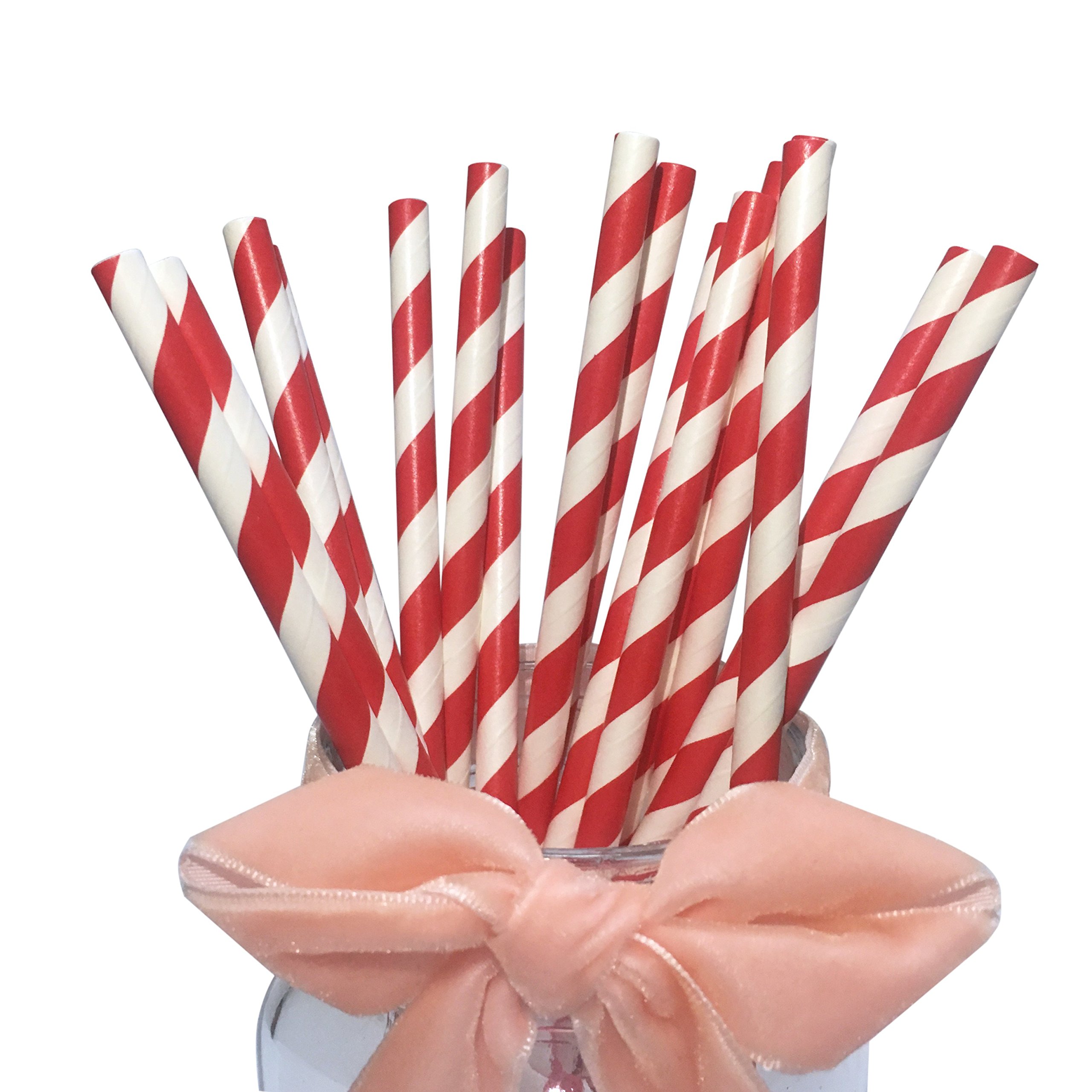 YYECO Red and White Paper Drinking Straws - 100 Pack Eco Friendly Recyclable Red Striped Paper Straws, Great for Drinking Cocktail Wedding Party - 7.75'' Size
