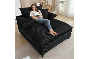 DAMAIFROM Oversized Chaise Lounge Chair Indoor with Adjustable Backrest, 57"W x 60"D Comfy Corduroy Sleeper Chaise Fluffy Plush Upholstered Sofa Bed Reading Cloud Couch Chair for Living Room, Bedroom, Black