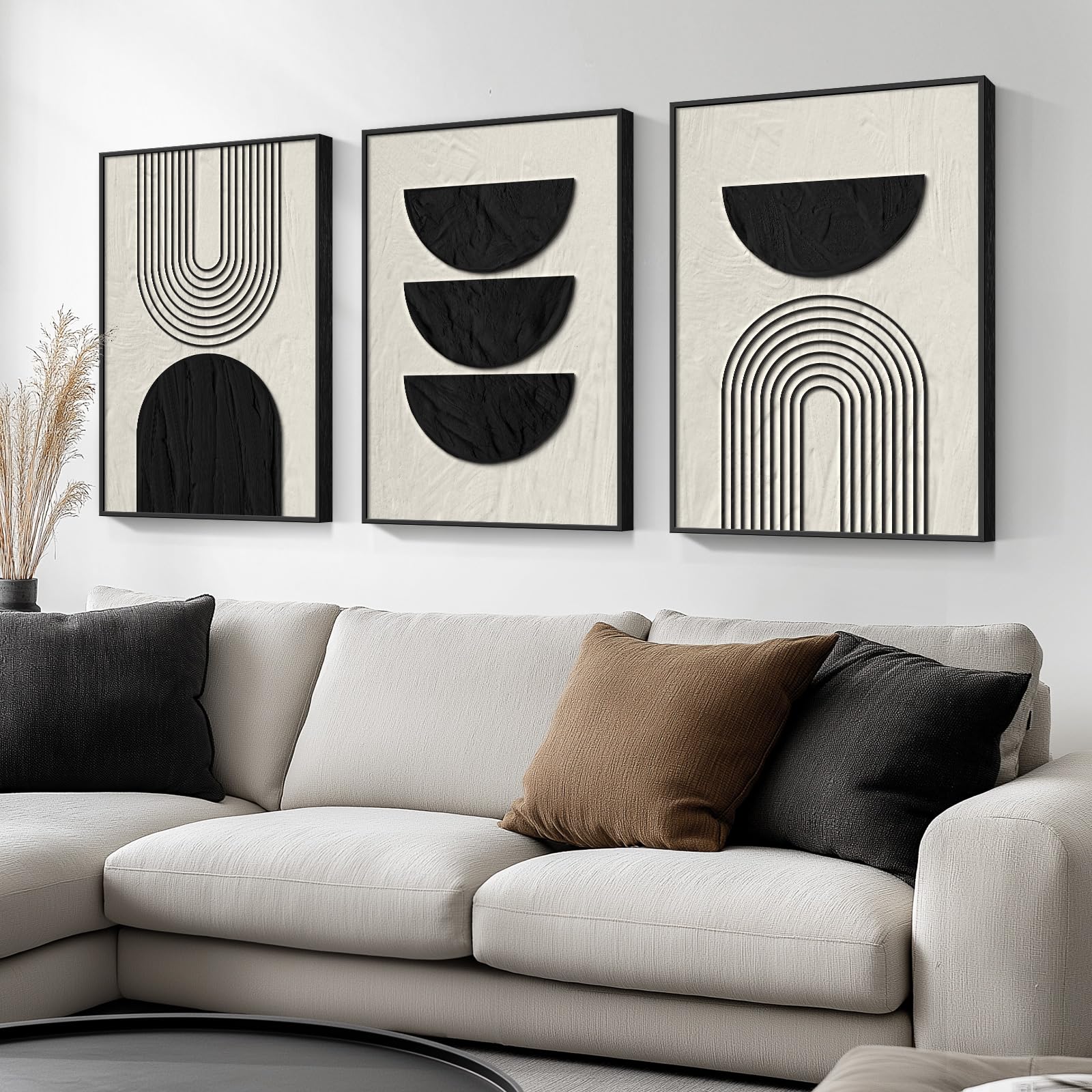 Framed Boho Wall Art for Living Room, Large 3 Piece Neutral Geometric ...