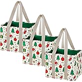 VENO 3 Pack Christmas Reusable Grocery Bags, Shopping Bags for Groceries, Tote with Handles and Hard Bottom, Foldable Shopping Cart Organizer, Water Resistant, Heavy-Duty (Jingle Mix, 6 Gallon)