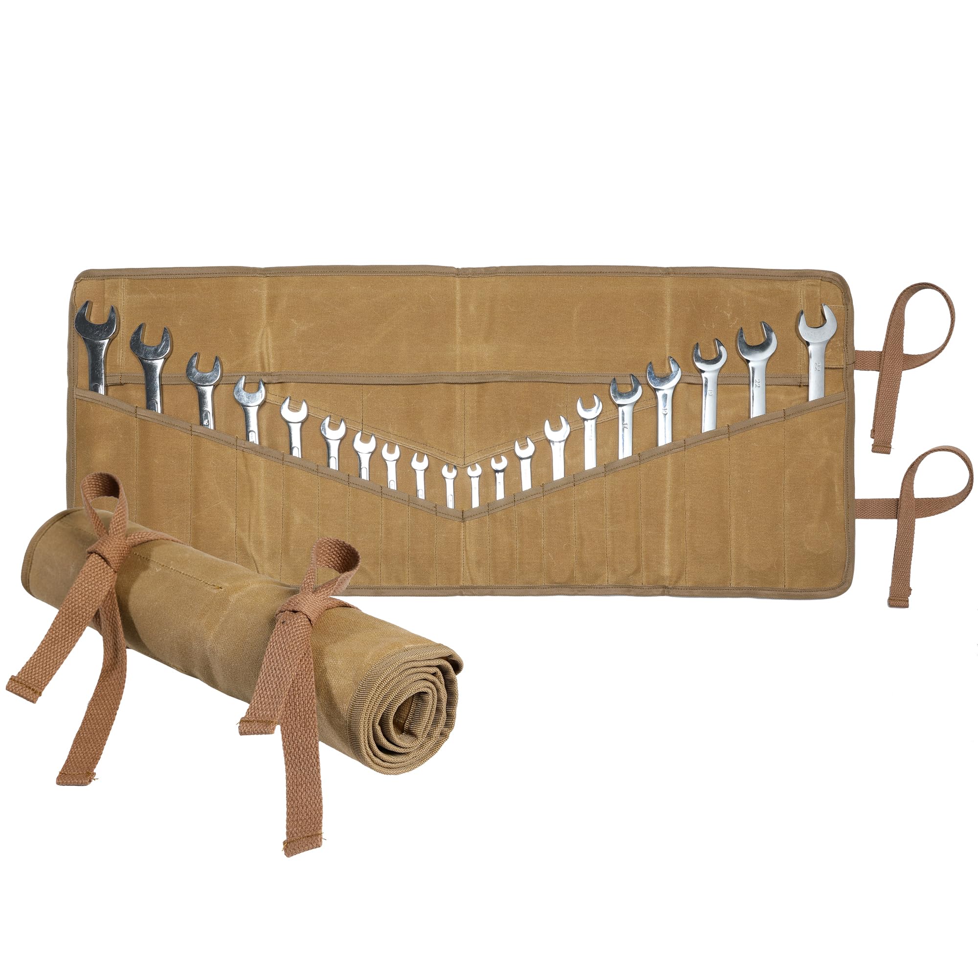 Wrench roll, 16OZ Waxed Canvas Tool Storage Roll Up Pouch - with 20+4 Tool Pockets, Tool Organizer Roll for Metric & SAE Wrench Set - Khaki