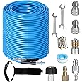 200 FT Sewer Jetter Kit for Pressure Washer, 5800PSI Water Jet Drain Cleaner Hose, 1/4 Inch NPT Corner with 4 Sewer Jetting Nozzles, Pearl Corsage Pin, Waterproof Tape, Handle Strap&2 Spanner (Blue)