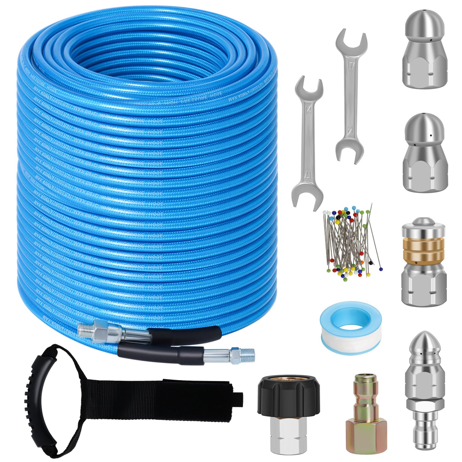 Photo 1 of 200 FT Sewer Jetter Kit for Pressure Washer, 5800PSI Water Jet Drain Cleaner Hose, 1/4 Inch NPT Corner with 4 Sewer Jetting Nozzles, Pearl Corsage Pin, Waterproof Tape, Handle Strap&2 Spanner (Blue)
