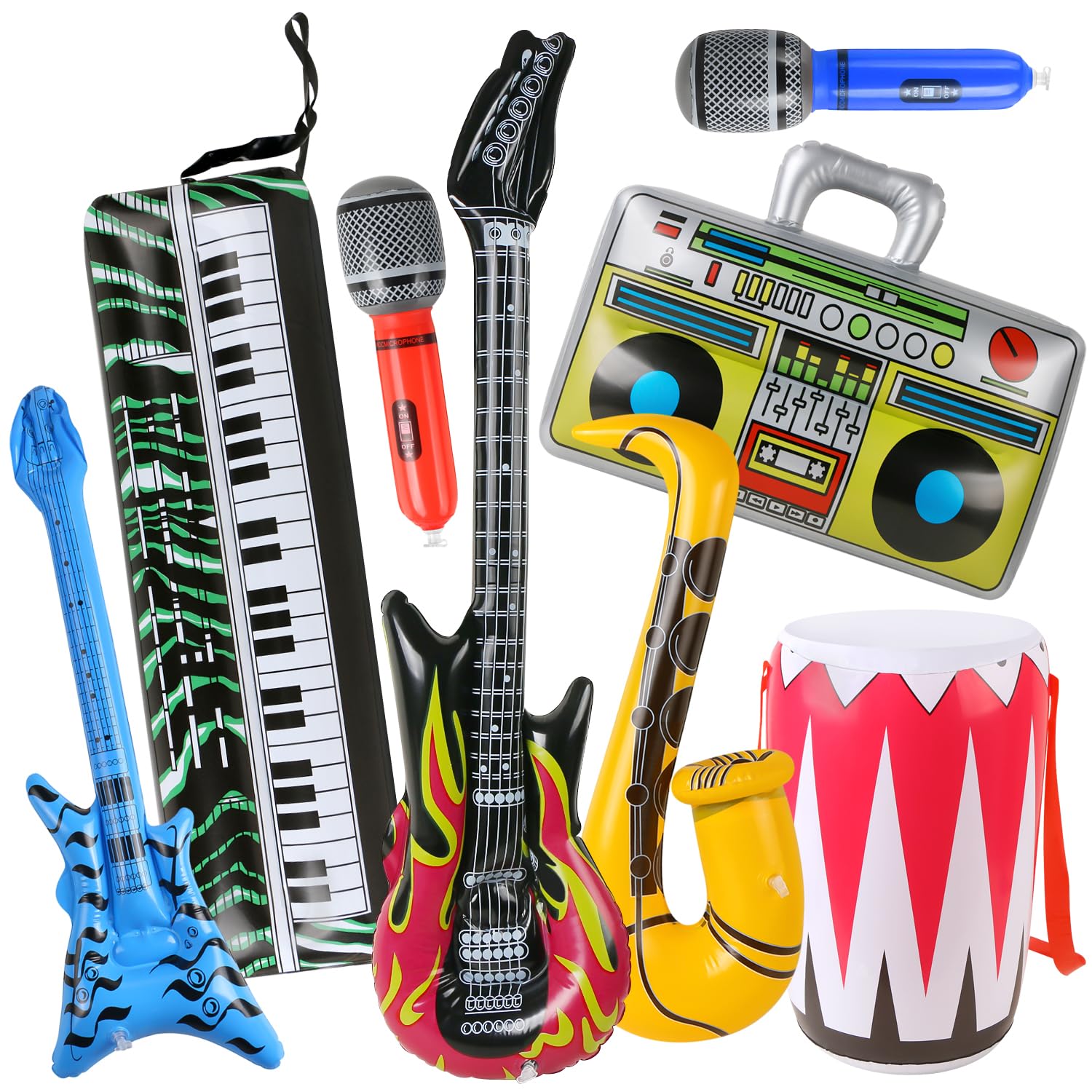 Photo 1 of 8 Pack Inflatable Rock Star Toy Set,Blow Up Boom Box Drum Guitar Bass Musical Instrument Party Props for 80s 90s Party Decorations, Christmas Birthday Carnival Rock and Roll Party Favors Supplies
