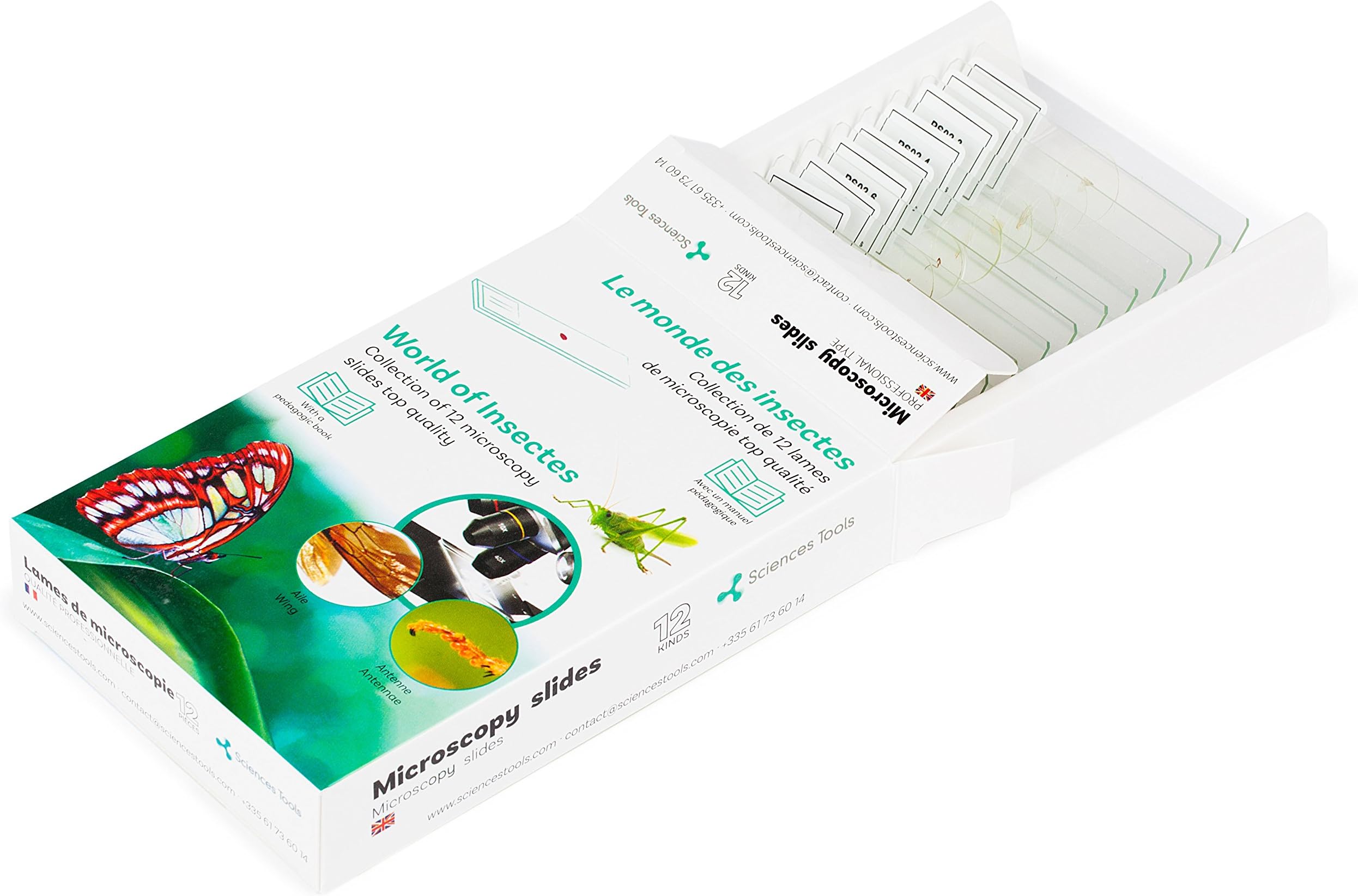 Sciences Tools Collection Le monde des insectes de lames d’observation pour Microscope éducatif pour enfant et adulte avec Guide Pédagogique – Qualité en verre – Français / Anglais