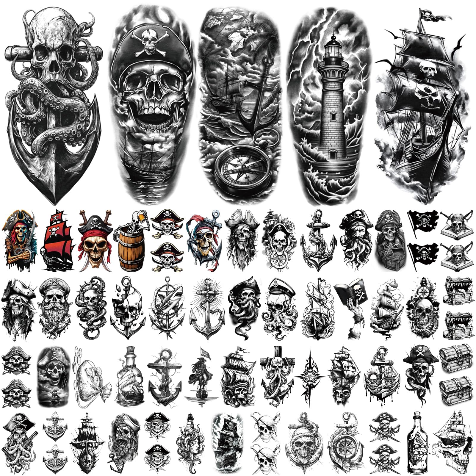 77 Sheets Pirate Temporary Tattoos Adult,Captain Anchor Compass Sailboat Tattoos, Pirate Ships Flag Skull Crossbones Sailor Fake Tattoo for Costume, Fake Arm Tattoos for Men Women Kids