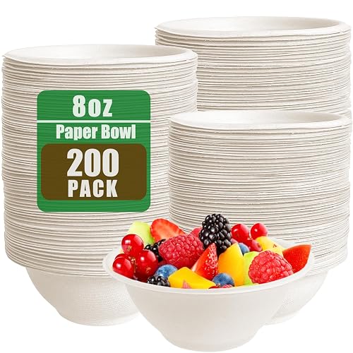 200 PACK White Paper Bowls,8 oz Compostable Disposable Bagasse Bowls ...