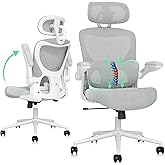 SUNNOW Ergonomic Office Chair, Comfy Mesh Desk Chair, High Back Computer Gaming Chairs with Adjustable Lumbar Support, Flip-Up Arms, Headrest, Tilt Function, Wide Cushion, Swivel Rolling Wheel (Grey)