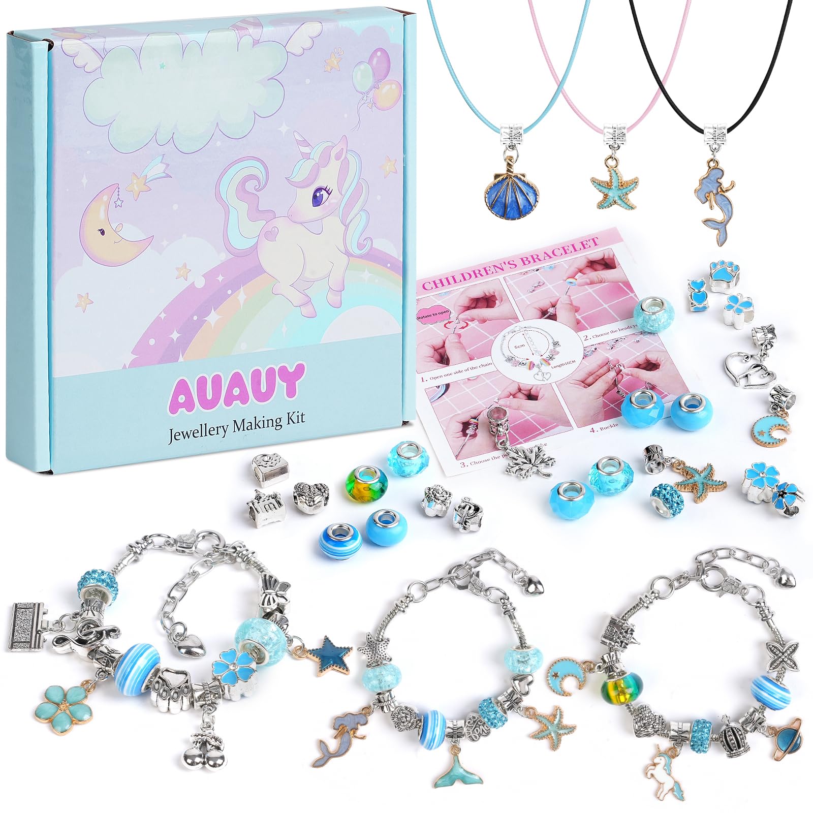 AUAUY Charm Bracelet Making Kit for Girls, 66pcs Gifts for Girls Bracelet Making Kit, Jewellery Making Kit, Arts and Crafts for Stocking Fillers for Girls Age 15+ (Blue)
