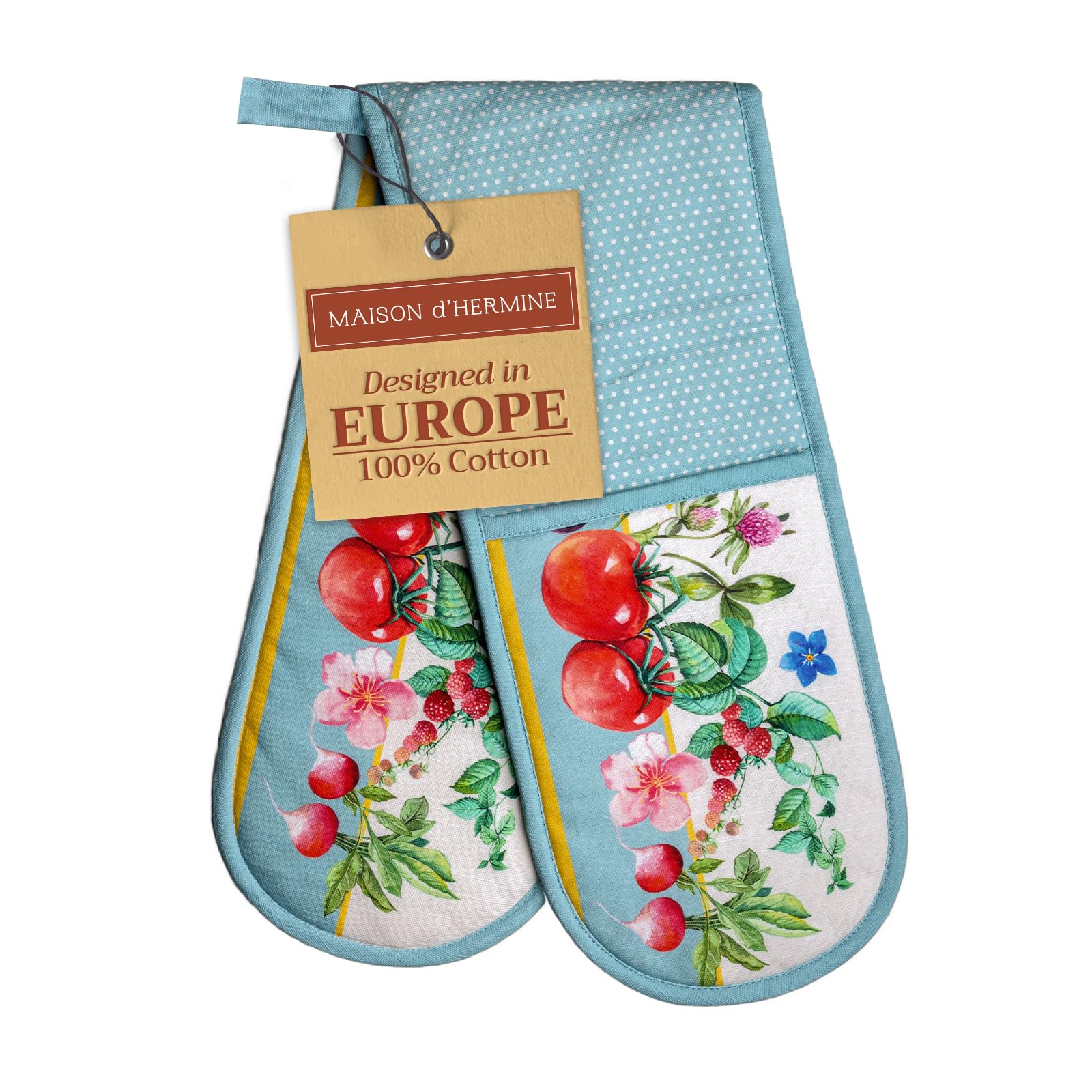 Maison d' Hermine Double Oven Mitts 100% Cotton 18 cm x 89 cm Double Oven Mitt Heat Resistant BBQ Cooking Gloves with Loop Baking Grilling Handling Hot Pans Gifts for Mothers Day (Giverny)
