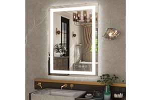 GLSLAND 24"x32" LED Lighted Bathroom Mirror Dimmable Wall Mirrors with Anti-Fog LED Bathroom Mirror 2 Dimmable Light Colors LED Mirror Hangs Horizontally or Vertically