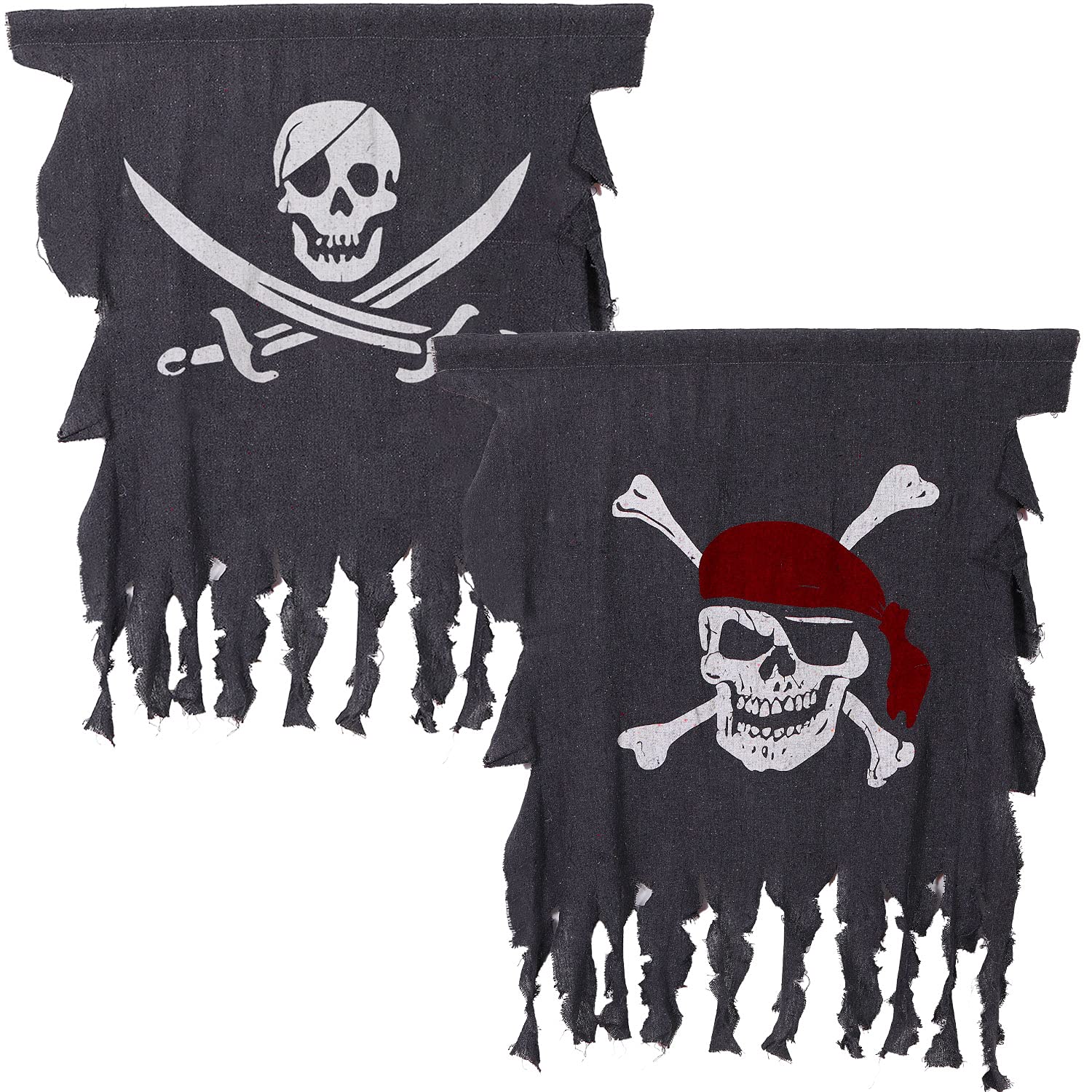 Photo 1 of Tatuo 2 Pieces Pirate Flag Halloween Pirate Party Decorations 3 x 2.5 Feet Weathered Retro Creepy Ragged Jolly Roger Flag Skull Bones Banner for Halloween Party Decorations, Kids Room Decor