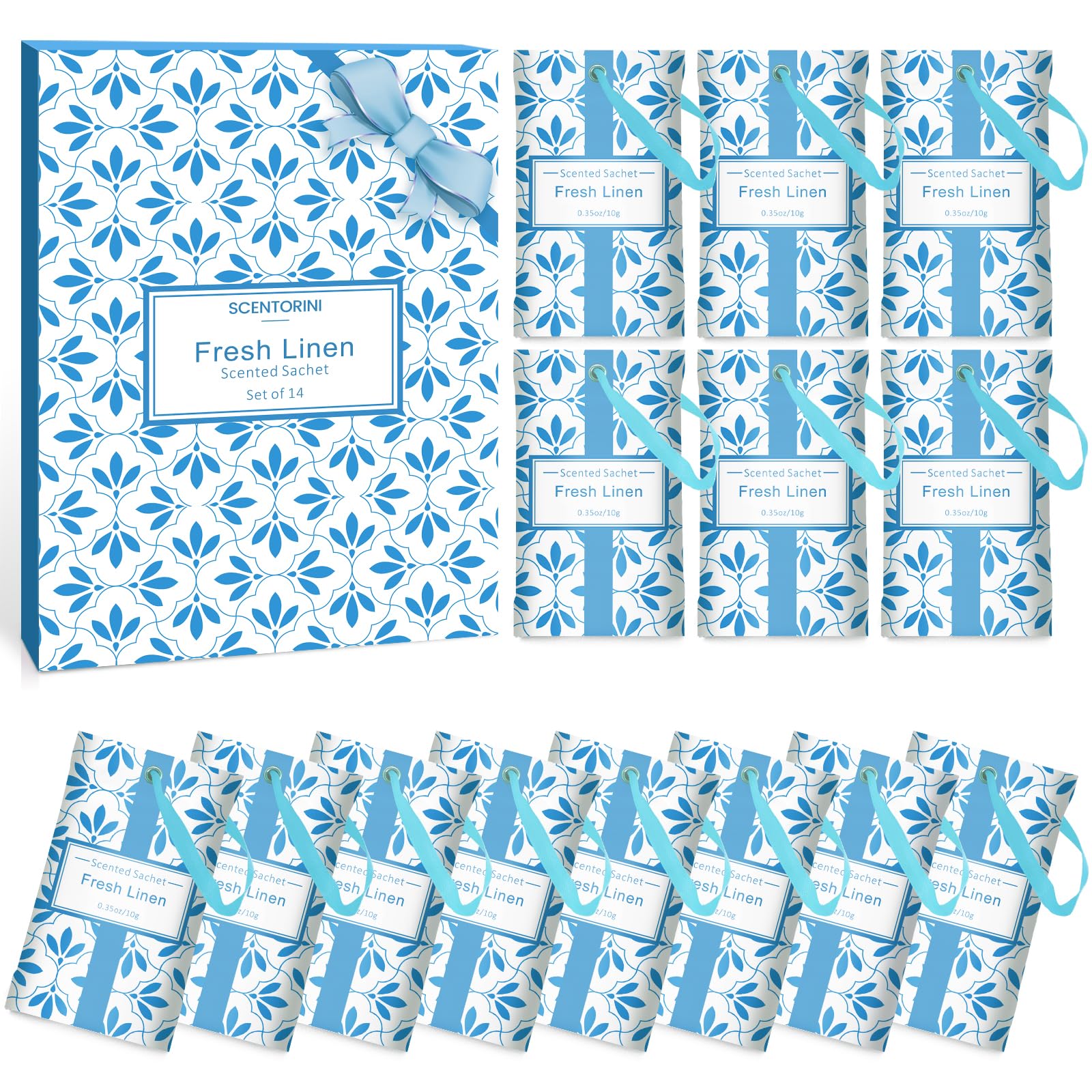 SCENTORINI Fresh Linen Scented Sachets 14 Pack – Closet & Drawer Deodorizer for Clothes, Wardrobe & Storage, Long Lasting Air Freshener for Home, Travel & Gift