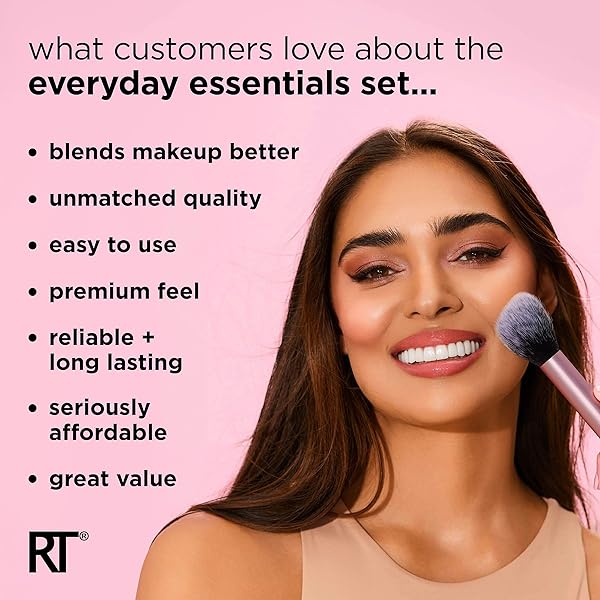REAL TECHNIQUES 5 PIECE EVERYDAY ESSENTIALS MAKEUP BRUSH SET, INCLUDES 4 BRUSHES & MAKEUP SPONGE, FOR FOUNDATION, BLUSH, BRONZER, CONTOUR, EYESHADOW, & POWDER, TRAVEL GIFT SET, CRUELTY-FREE & VEGAN