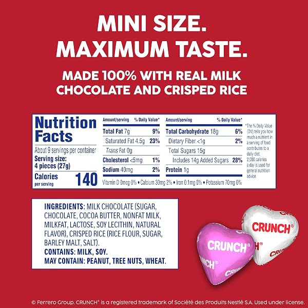 CRUNCH MILK CHOCOLATE HEARTS WITH CRISPED RICE, VALENTINE’S DAY BAG, 9 OZ