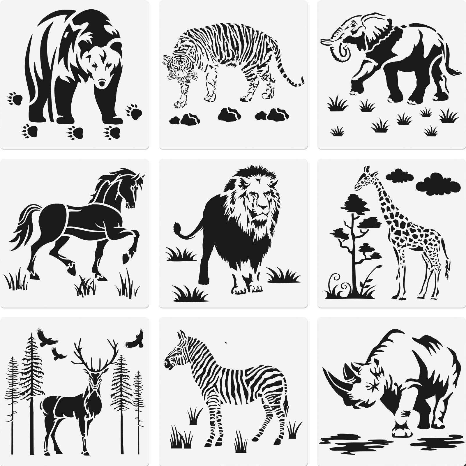 9 Pieces Animal Stencil Templates 8 Inch Reusable Animal Painting Stencil Bear Tiger Elephant Horse Lion Giraffe Zebra Rhino Deer Craft Drawing Template for Greeting Card Scrapbook Wall Art
