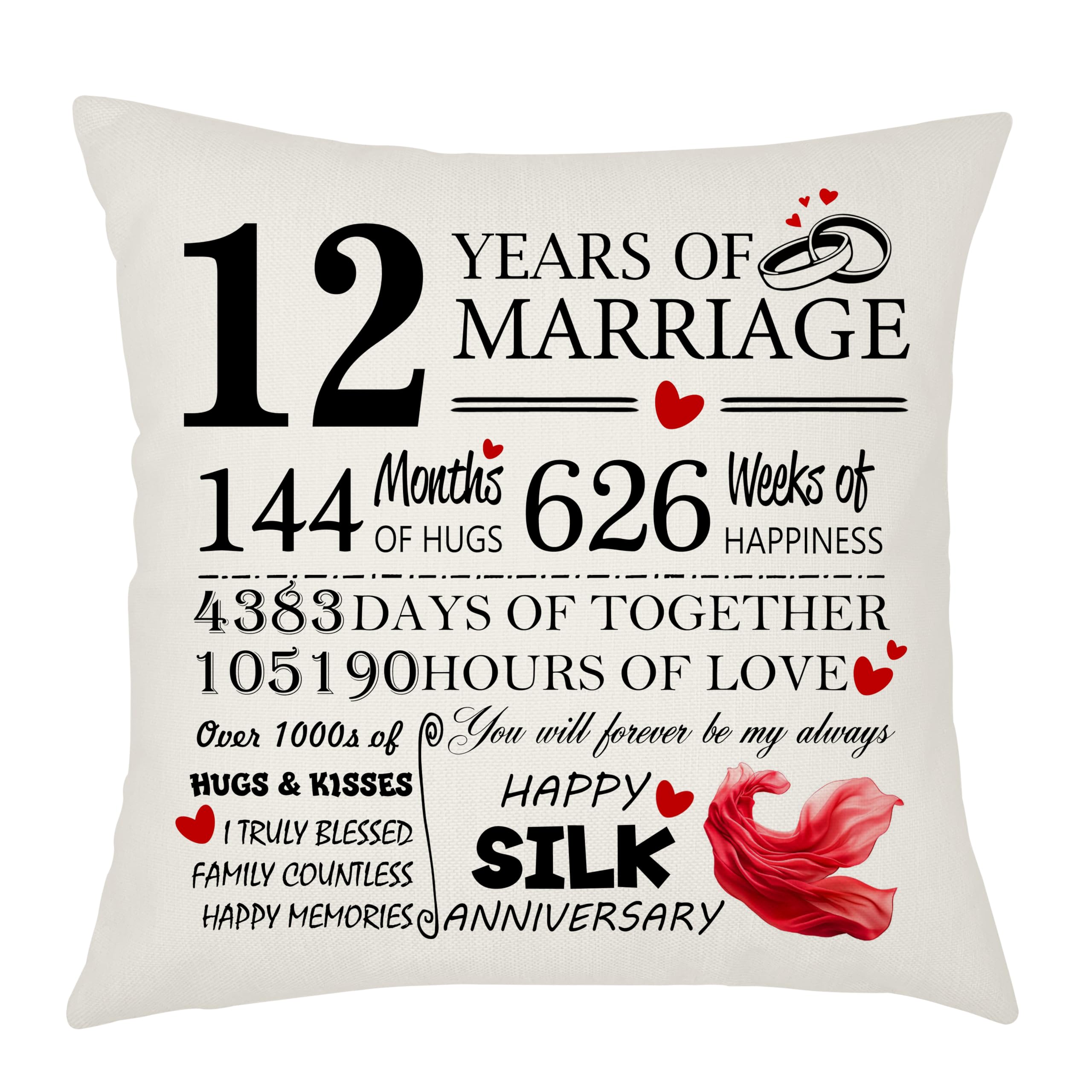 Weosan 12th Wedding Anniversary Silk Anniversary Cushion Cover - Gift for Wife or Husband - 12 Years of Marriage Keepsake Present - Elegant 45x45cm Pillow Case (12 Years of Marriage)