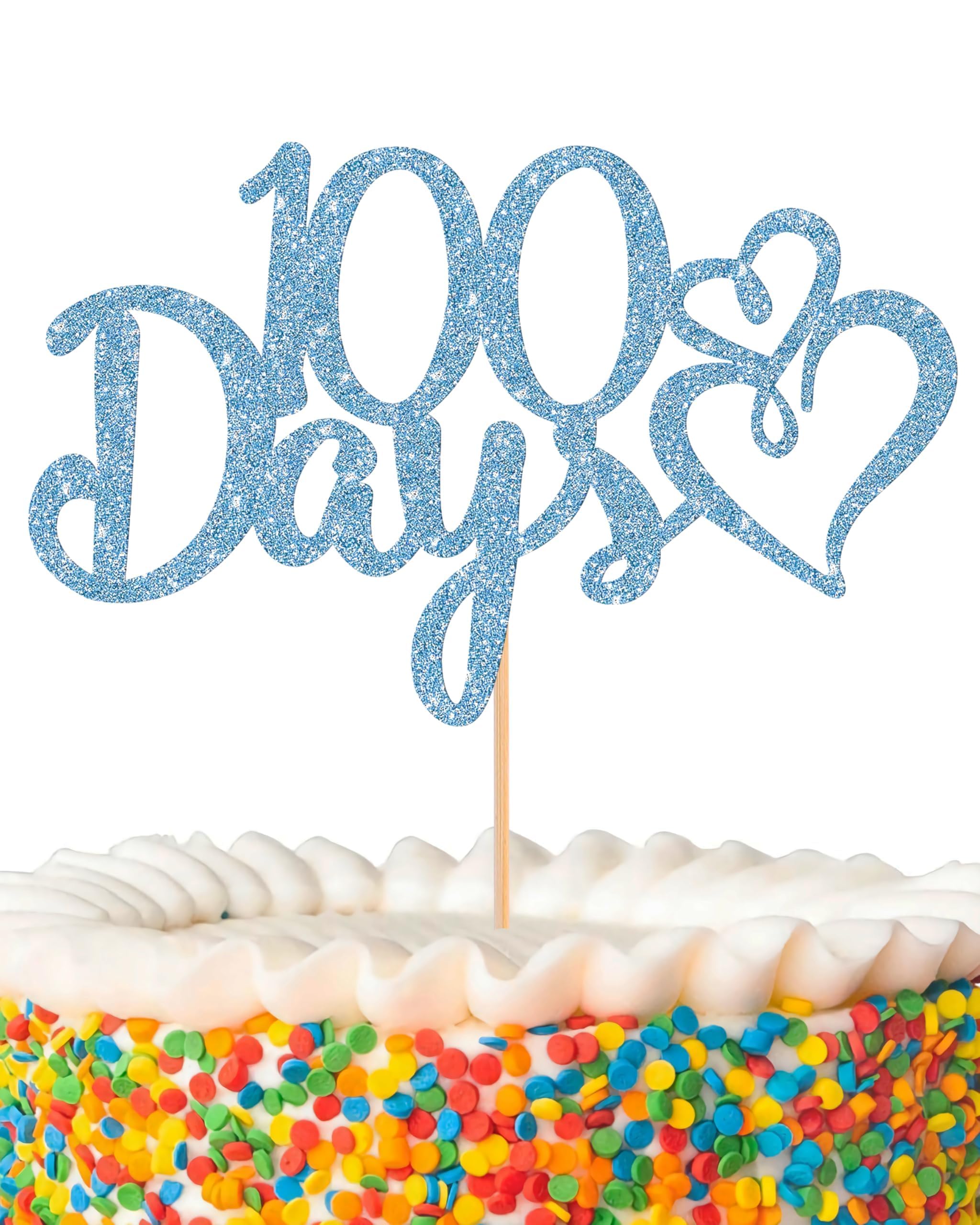 Photo 1 of 100 Days Cake Topper - Glitter Sky Blue Baby Shower Cake Decorations, 100th Day Wedding Cake Pick (Sky Blue)