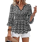Unixseque 3/4 Length Sleeve Womens Tops Dressy Casual Lace V-Neck Peplum Babydoll Blouses 2025 Fashion Clothing
