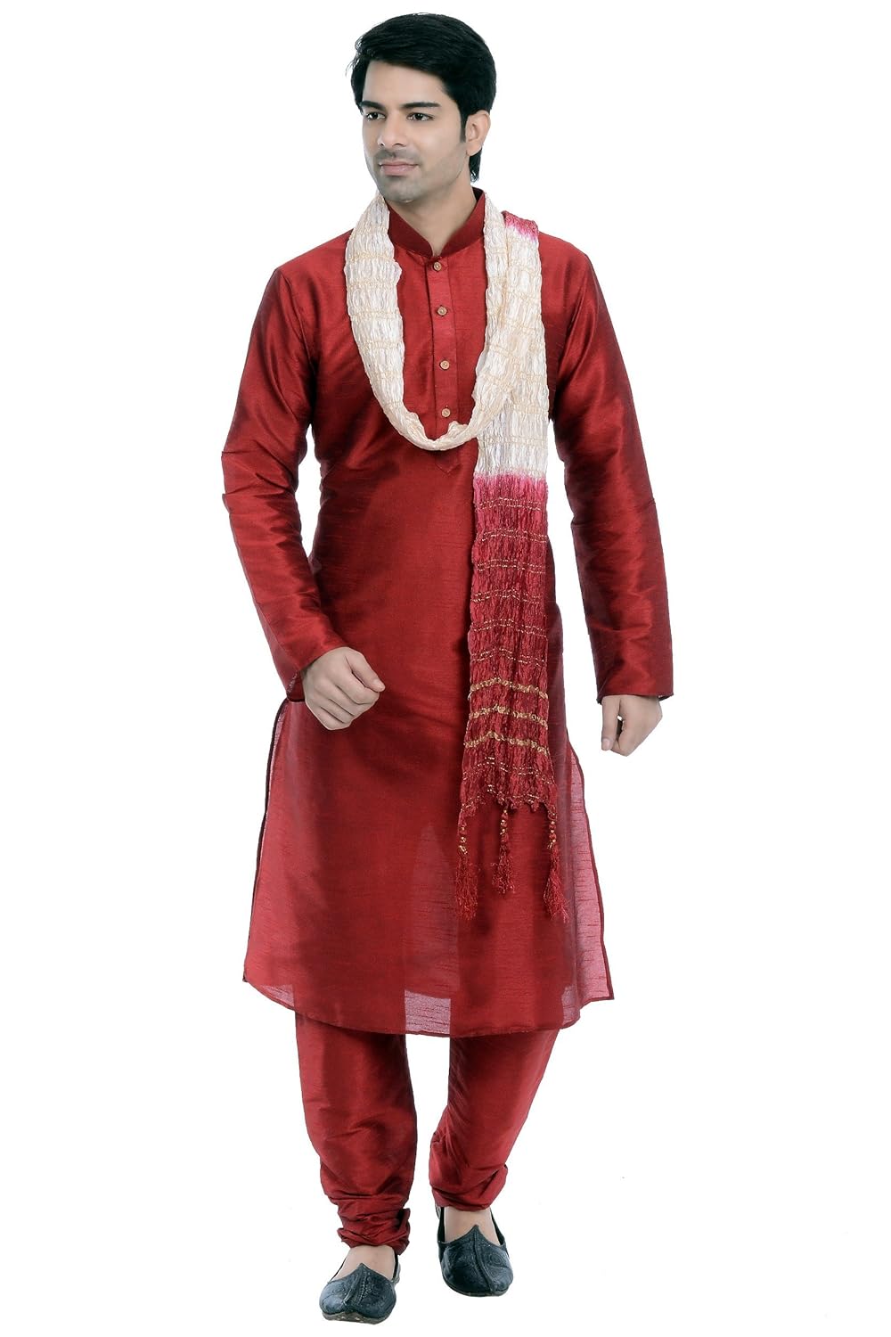 vastramay men cotton silk kurta pyjama and dupatta set (maroon_vasmkma001npmand)