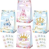 Nezyo 32 pcs Princess Prince Favor Bags Princess Crown Castle Party Bags include 4 Style Sticker Handles Candy Goodie for Gender Reveal Bridal Shower Wedding Supplies