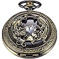 Bronze Men's Antique Mechanical Pocket Watch, Skeleton Mechanical Roman Numerals Pocket Watch with Chain + Box