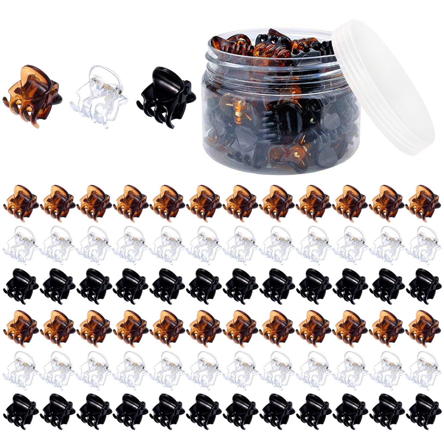72 Pcs Small Hair Clips, Funtopia Mini Claw Clips Claw Hair Clips for Women and Girls, Plastic Tiny Hair Clamps with a Box (Black, Brown and Clear)