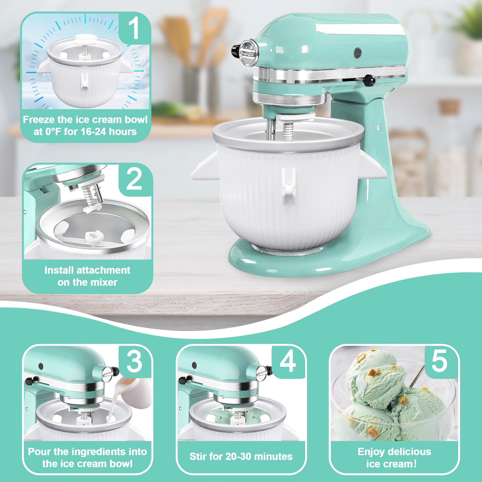 Ice Cream Maker Attachment for KitchenAid Stand Mixer,2 Quart Ice Cream Bowl Compatible with 4.5Qt and Larger Stand Mixers,Frozen Yogurt Ice Cream & Sorbet Gelato Maker with 2 Models by Aligat