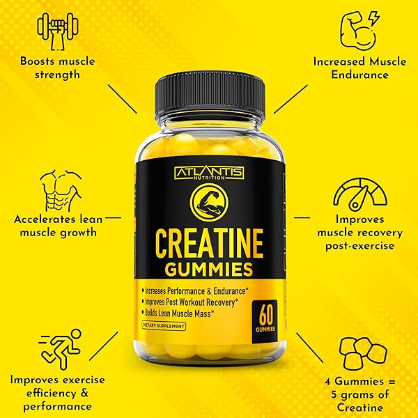 ATLANTIS NUTRITION CREATINE MONOHYDRATE GUMMIES FOR STRENGTH & ATHLETIC PERFORMANCE – 5G CREATINE PER SERVING – BUILD MUSCLE, BOOST PERFORMANCE & ENDURANCE & IMPROVE POST WORKOUT RECOVERY – 120 COUNT