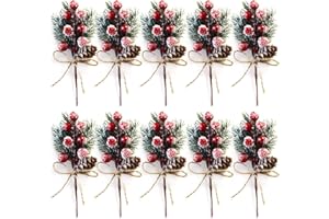 WDDH 10Pack Artificial Pine Picks, 6inch Flocked Holly Christmas Red Berry Picks Stems, Christmas Picks and Sprays Faux Pine Picks with Pinecones, for DIY Gift Floral Arrangements