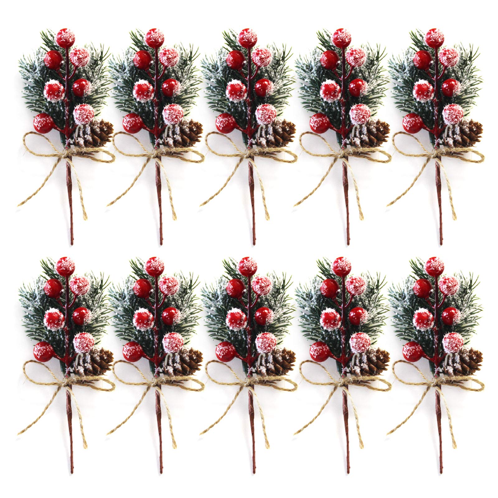 JUSTSWAG Redsa 10 Pack Pine Snowy Flower Picks Red and White Artificial Pine Cones with Berries Xmas Berry Stems for Christmas Crafts Party Festive Home Decor