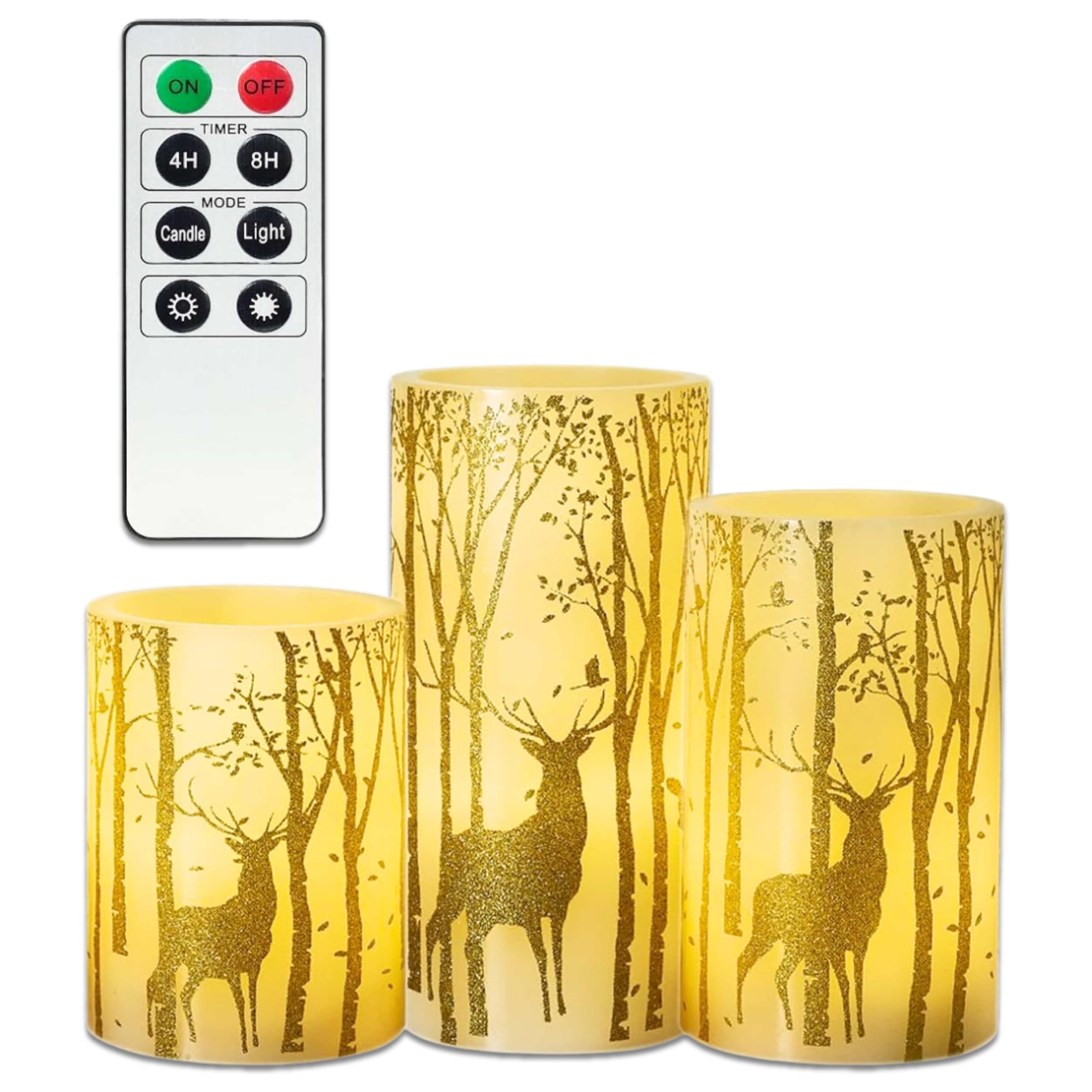 ADEPTNA 3 Pack LED Candles Gift Set – Gold Reindeer Elk Decal Real Wax Candles Lights with Remote Control - Christmas Table Centrepiece – Christmas Home and Party Decoration