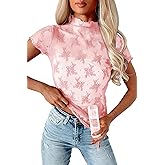 APOOU Womens Floral Sheer Mesh Lace Tops Mock Neck Short Sleeve Shirt Sexy See Through Top Y2k Blouses