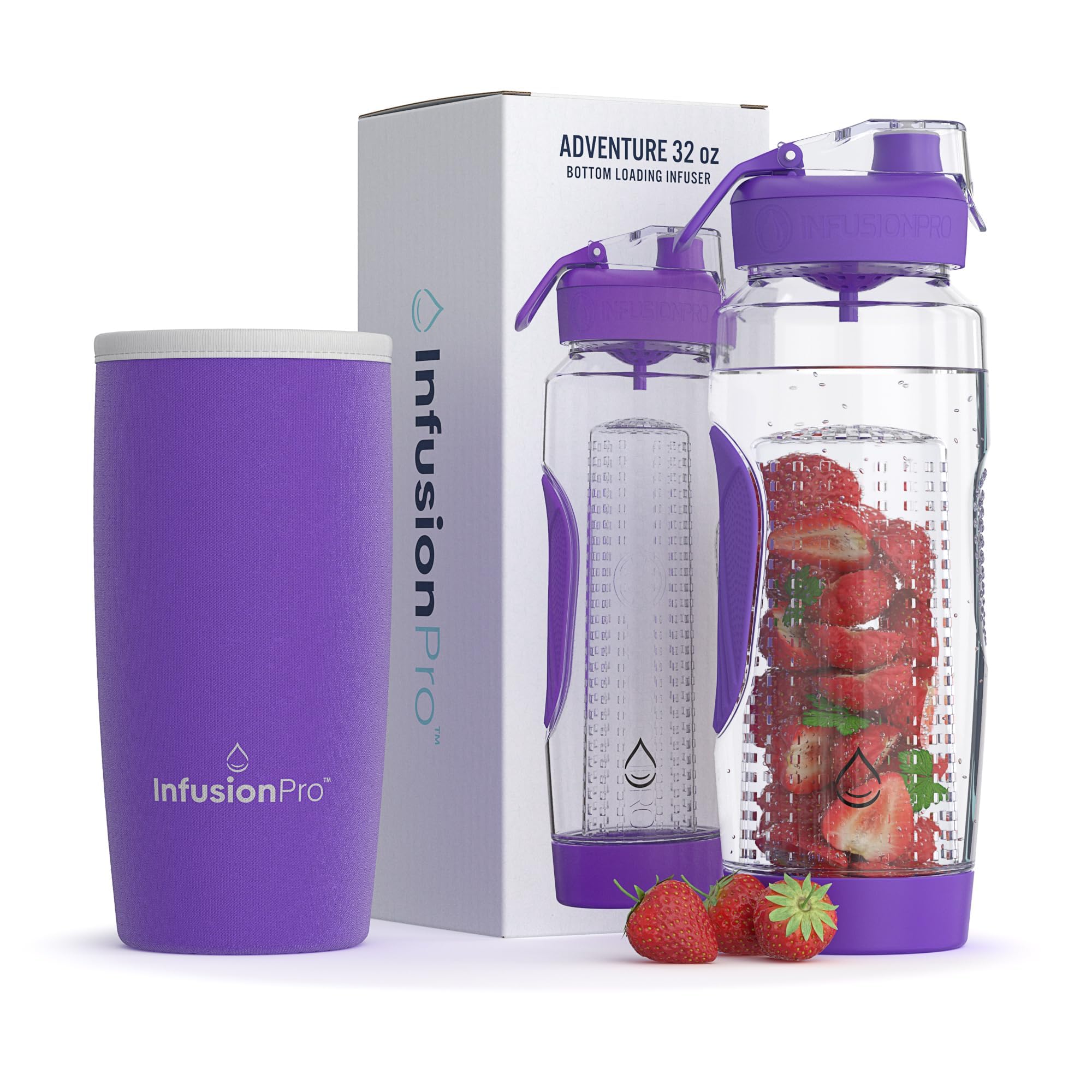 Infusion Pro 32 oz Fruit Infuser Water Bottle with Insulated Sleeve & 50 Recipe Fruit Infusion Water eBook : Bottom Loading, Large Water Infuser for More Flavor : Unique Gift Idea for Women