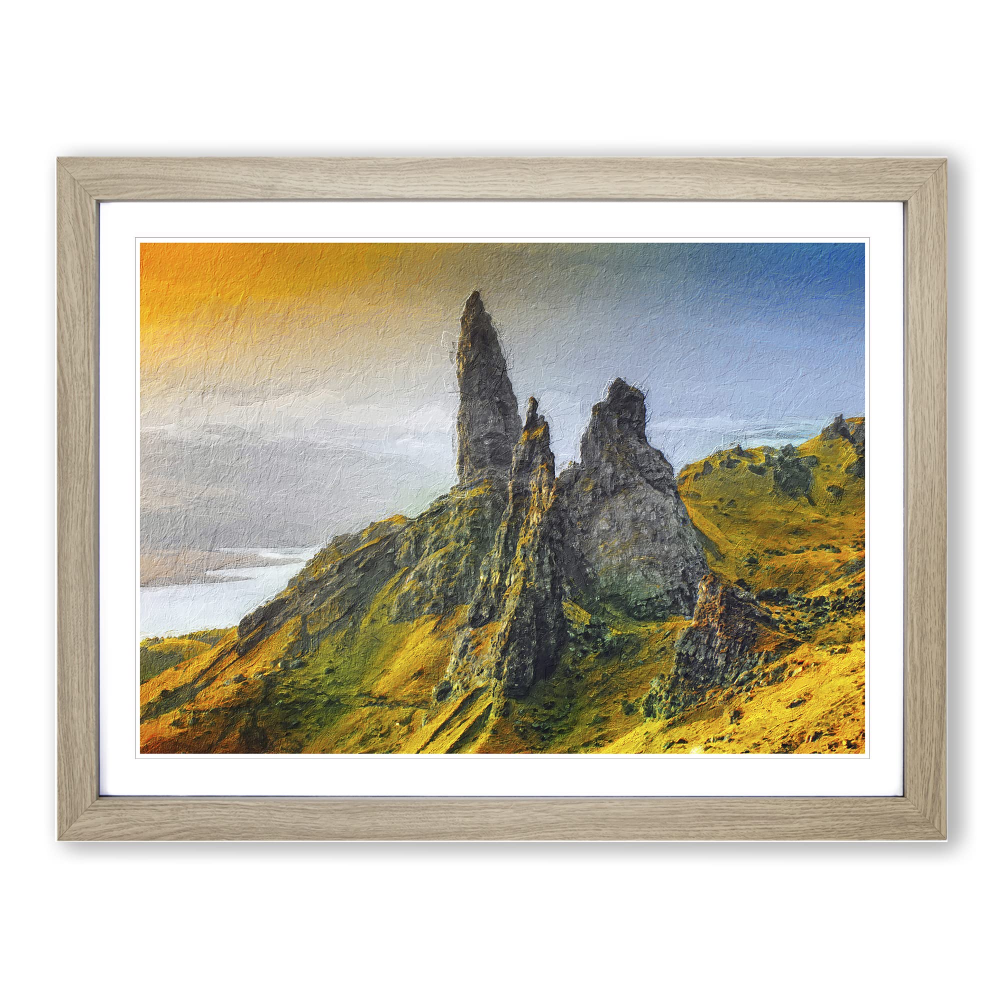 The Old Man Of Storr In The Isle Of Skye Scotland Modern Art Framed Wall Art Print, Ready to Hang Picture for Living Room Bedroom Home Office Décor, Oak A4 (34 x 25 cm)