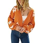 ECOWISH Women Floral Cropped Cardigan: Fall Long Sleeve Open Front Fuzzy Daisy Print Knit Sweaters Casual Y2k Outerwear
