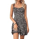 SweatyRocks Women's Boho Floral Print Tie Shoulder Cami Mini Dress A Line Ruffle Hem Short Dresses