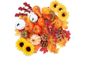 TIETHEKNOT 96Pcs Halloween Artificial Pumpkin and Gourd Maple Leaf Sunflower Red Fruit Pine Cone Acorn Harvest Mixed Small Fake Pumpkin Thanksgiving Halloween Party Decoration