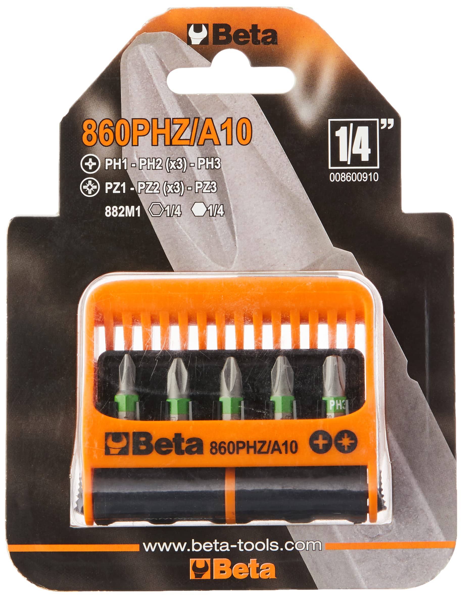 Beta 8600910 Model 860 PHZ/A10 Set of 10 Phillips and Pozi Bits with Magnetic Bit Holder In Plastic Case, 1/4 Hex