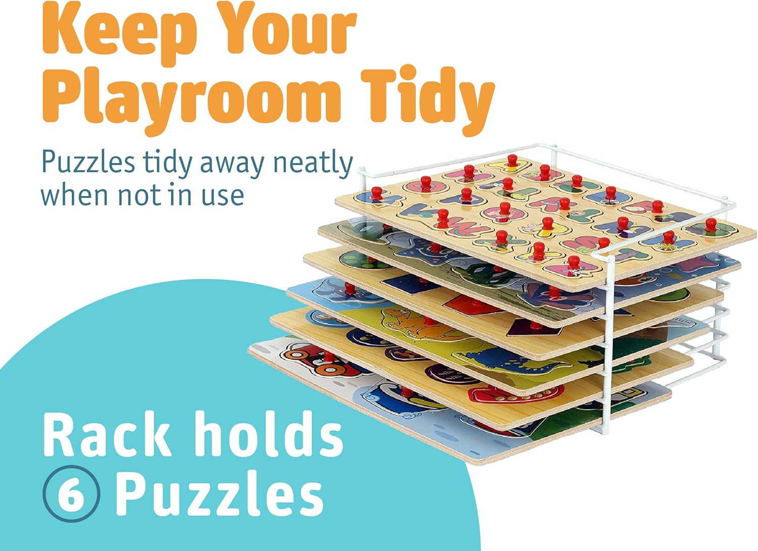 Etna Wood Peg Puzzle Set with 6 Puzzles and Wire Storage Rack ABC, Numbers, Shapes, Vehicles and Animals Educational Puzzles for Kids 3 and Up: Toys & Games