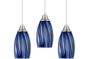 karyfine Dark Blue Glass Mini Pendant Lights for Kitchen Island 3Pack Blown Art Glass Pendant Lighting Shade Hanging Pendant Lights with Brushed Nickel Finish for Kitchen Over Sink,Dining Room