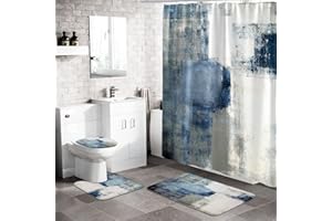 MitoVilla 4 Pcs Navy Blue Ombre Shower Curtain Sets with Rugs for Bathroom Decor, Navy Grey Bathroom Sets with Shower Curtain and Rugs, Rustic Grunge Bathroom Curtain Set with Mats Bathroom Decor