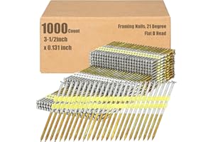 Therwen Framing Nails, 21 Degree, Flat D Head, Galvanized, Ring Shank, Plastic Row Fixed, 21 Degree Framing Nails for Use in All Pressure Treated Lumber (1000 Count,3-1/2 Inch X 0.131 Inch)