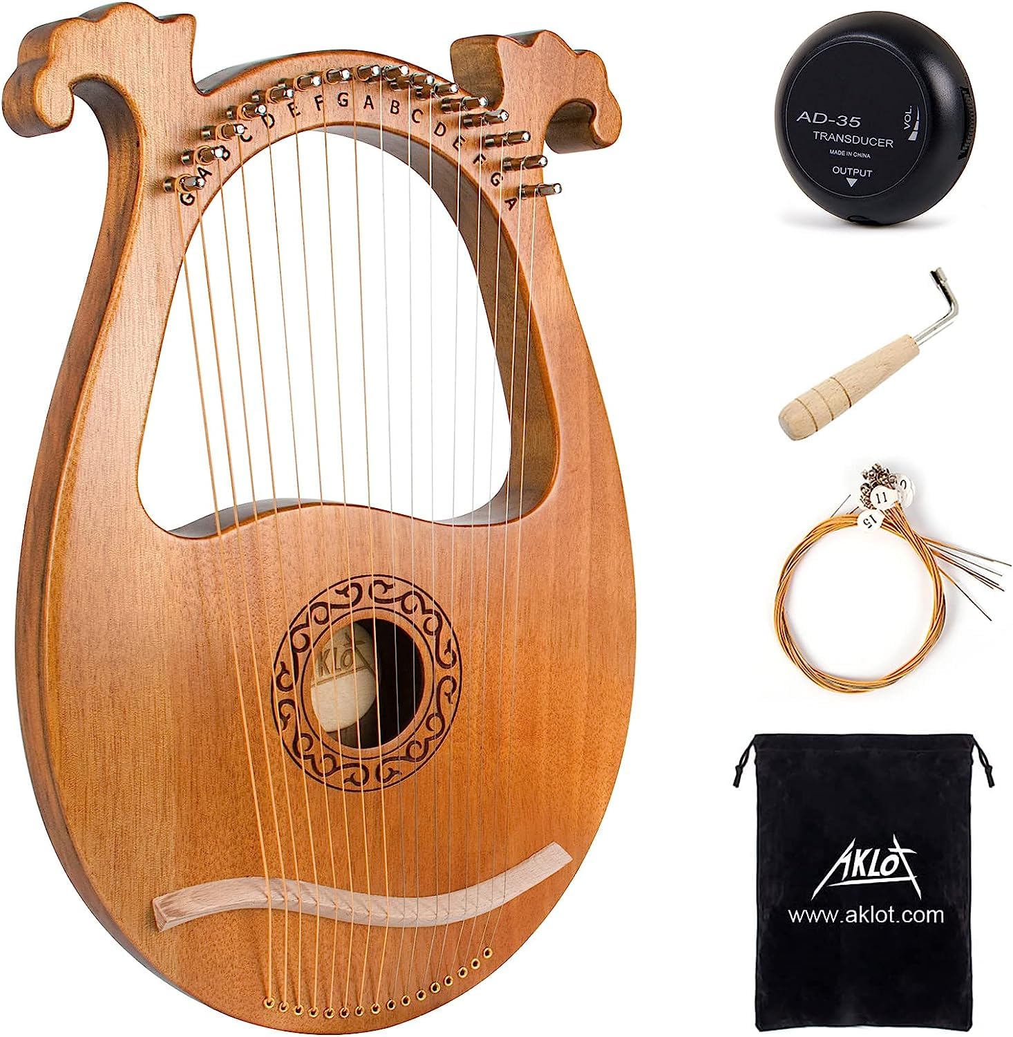Lyre Harp,AKLOT 16 Metal Strings Deer Head Solid Okoume lyra Harp with Tuning Wrench Spare Strings and Black Gig Bag