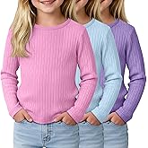 LessonZoo 3 Pack Girls Ribbed Long Sleeve Shirts, Cotton Crew Neck Jacquard Tops Kids Casual Layer Knit Basic Tees 3-12 Years