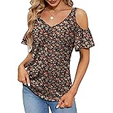 Micoson Women V-Neck Cute Short Flutter Sleeve Shirt Dressy Cold Shoulder Floral Print Clasic Fit Tunic Top Black Floral M