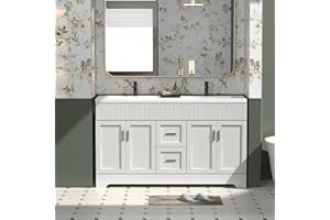 eclife 60" Bathroom Vanities Sink Combo with Painted Surface, Modern Drawered Cabinet W/Decorative Wave Lines, Undermount Double Sink, Matte Black Faucet Drain, White